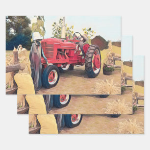 Traktor Red Retro Vintag Rustic Fall Harvest Geschenkpapier Set