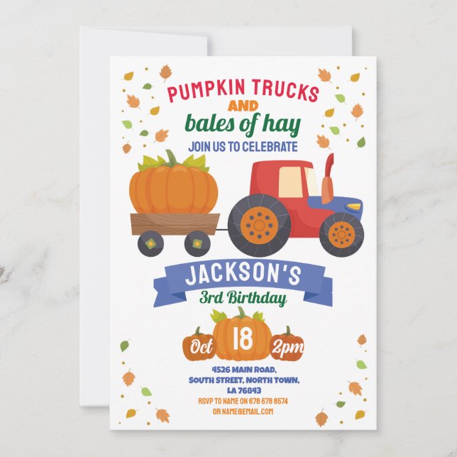 Traktoren Pumpkin Birthday Harvest Party Einladung (Vorderseite)