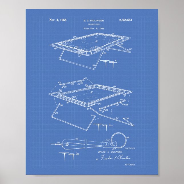 Trampolin 1958 Patentart Blueprint Poster (Vorne)