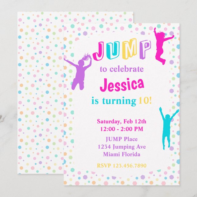 Trampolin Park Jump Bounce Girls Party Einladung (Vorne/Hinten)