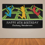 Trampolin Park Kindergeburtstag Party Banner<br><div class="desc">Kindergeburtstag Party Banner mit schlichter schwarzer Kulisse,  Trampolin Courts,  Jumping und Fliegen durch die Luft,  und eine glückliche Geburtstagsvorlage,  die leicht anzupassen ist.</div>