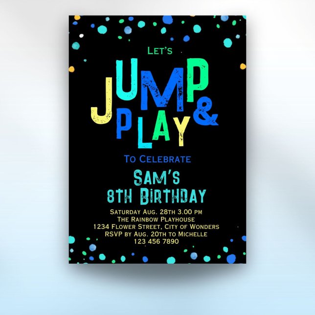 Trampoline Geburtstag Einladung Jump Play Party (Trampoline Birthday Invitation Jump Play Party Boys neon birthday party invitation)