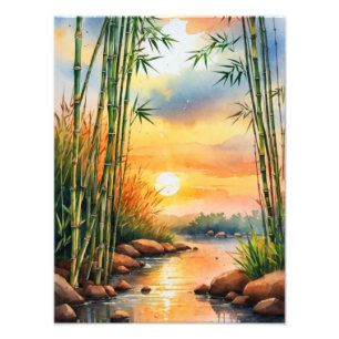 Tranquil Bamboo Fluss Wasserfarben Malerei Fotodruck