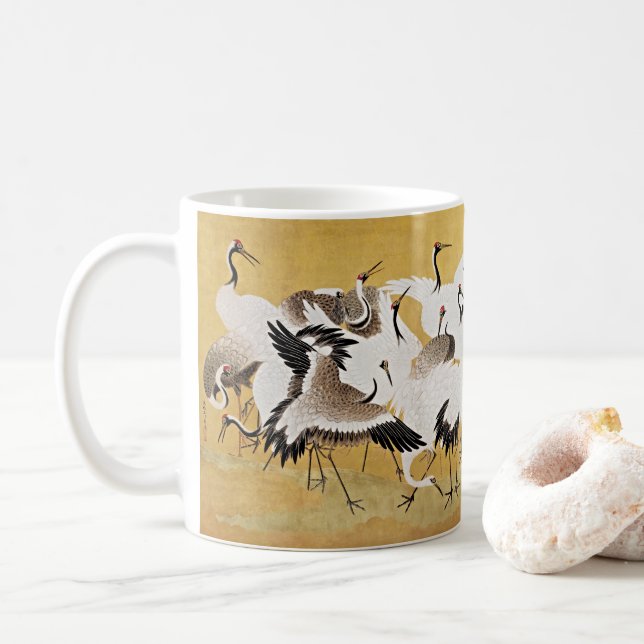 Tranquil Elegance: Japanische Festung der Krane Kaffeetasse (Mit Donut)