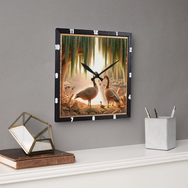 Tranquil Gänse Woodland Quadratische Wanduhr (Büro)