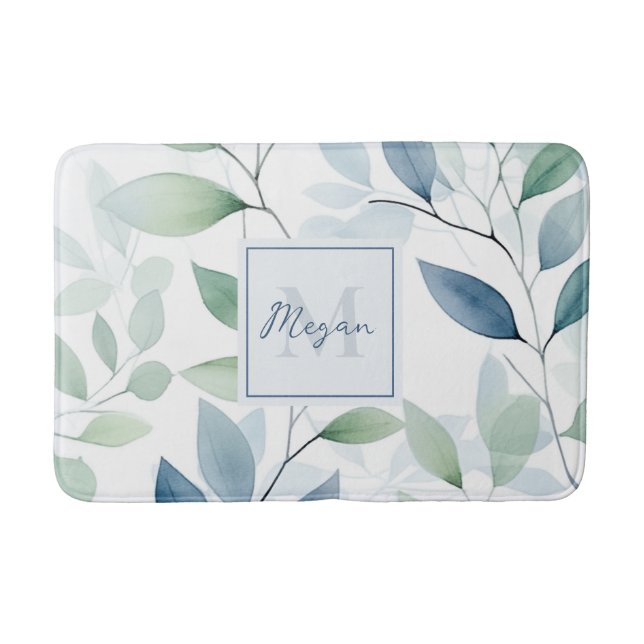 Tranquil Oasis Aquarell Blätter Monogramm und Name Badematte (Vorderseite)