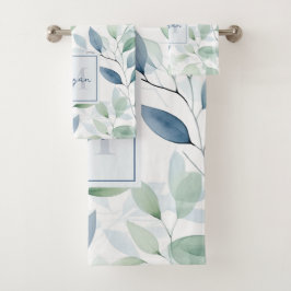 Tranquil Oasis Aquarell Blätter Monogramm und Name Badhandtuch Set