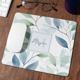 Tranquil Oasis Aquarell Blätter Monogramm und Name Mousepad