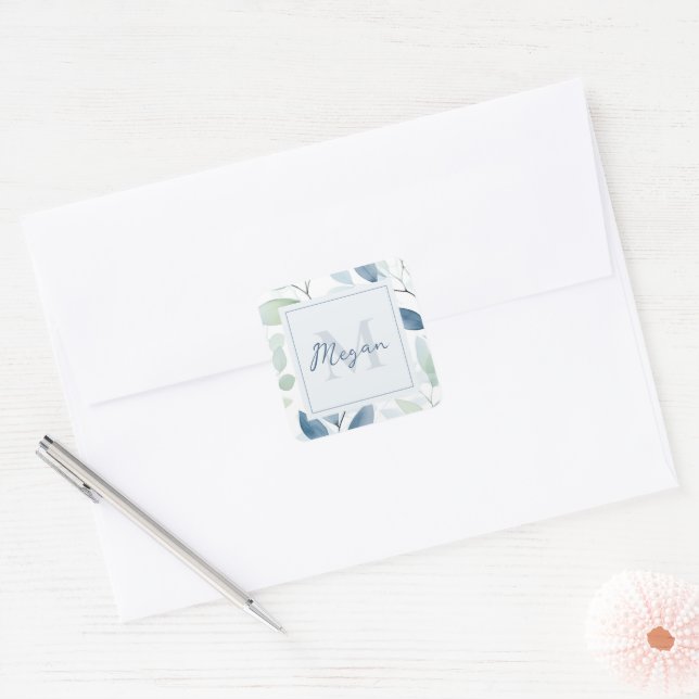 Tranquil Oasis Aquarell Blätter Monogramm und Name Quadratischer Aufkleber (Umschlag)