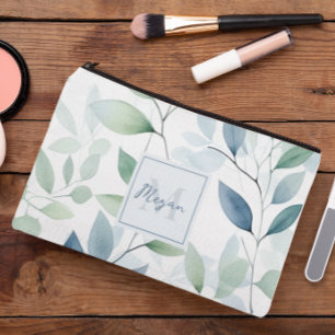 Tranquil Oasis Aquarell Blätter Monogramm und Name Zubehörtasche