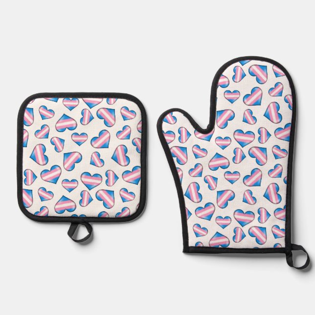 Transgender-Flag-Herz - Weiß Ofenhandschuh & Topflappen-Set (Vorderseite)
