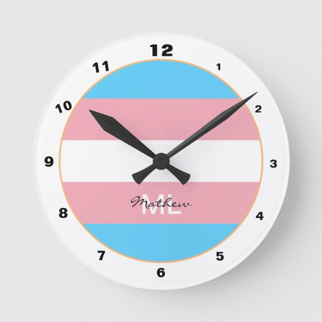 Transgender Flag & Pride Community / mit Monogramm Runde Wanduhr (Vorderseite)