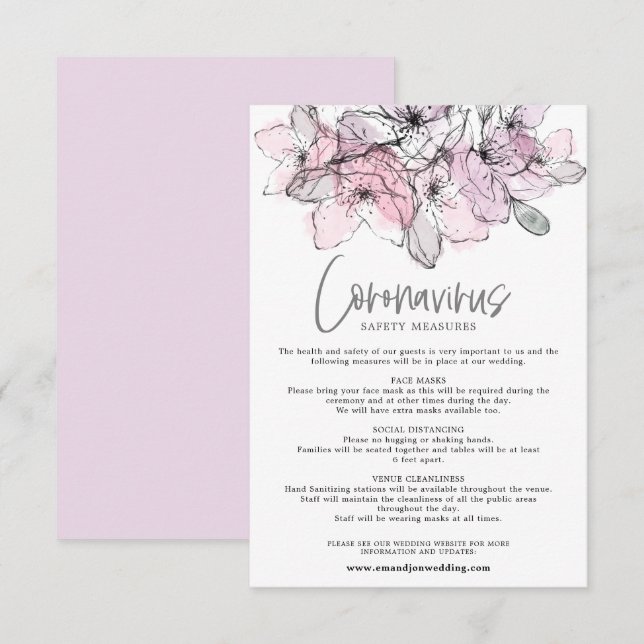 Translusive Aquarellfarbe Rosa Florals Covid Siche Begleitkarte (Vorne/Hinten)