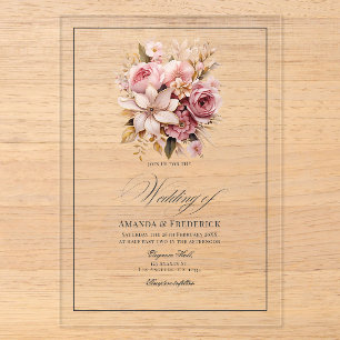 Transparent-Rosa und Gold Blumenhochzeit Acryleinladungen