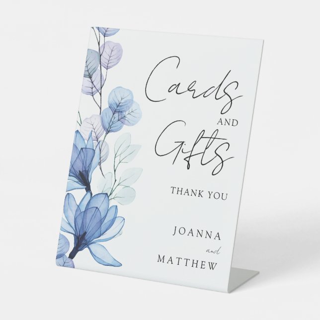 Transparente blaue Blumenkarten und Geschenke Sockelschild (Vorderseite)