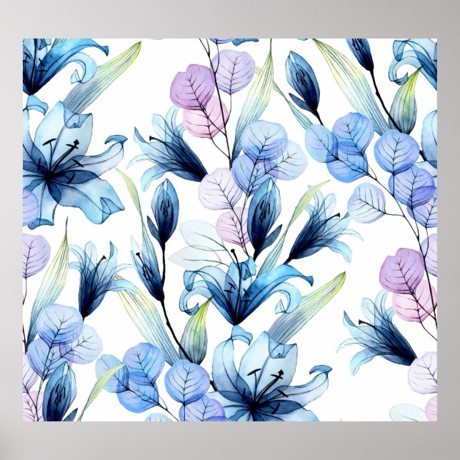 Transparente Blume, nahtloses Wasserfarbenmuster Poster (Vorne)