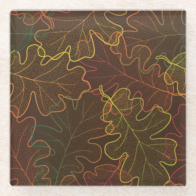 Transparente Eichen-Blätter, Herbstmuster. Glasuntersetzer (Vorderseite)