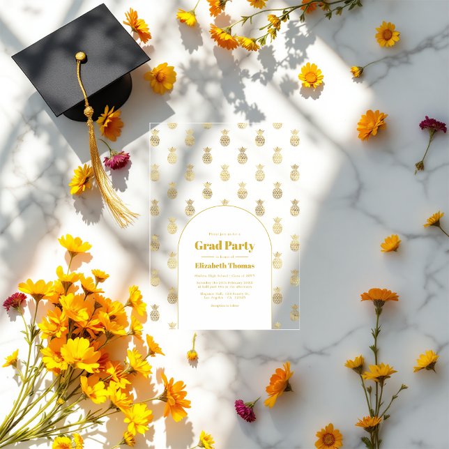Transparente Graduierungspartei für Ananas Acryleinladungen (Gold Pineapple Transparent Graduation Party Acrylic Invitations)