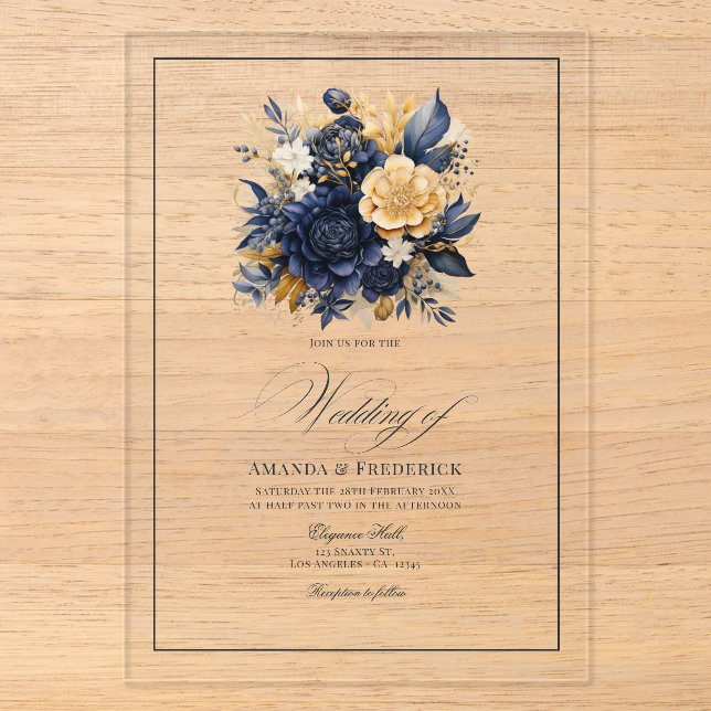 Transparente Hochzeit von Navy Blue und Gold Flora Acryleinladungen (Vorderseite)