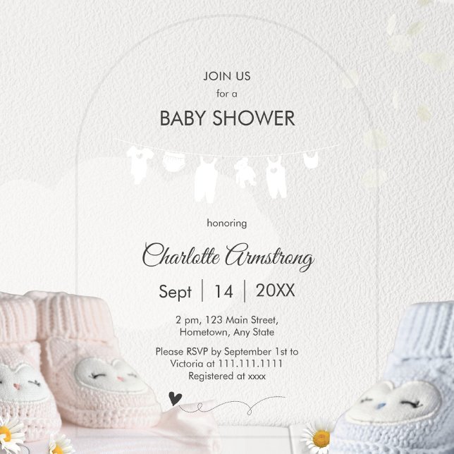 Transparente Minimalistische moderne Babydusche Acryleinladungen (Transparent Minimalist Modern Baby Shower Acrylic Invitations ©Susanne Sachers - Sunny Mind 🌞)