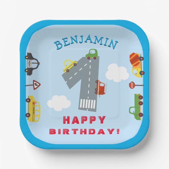 Transport 1. Geburtstag Party Pappteller (Vorderseite)