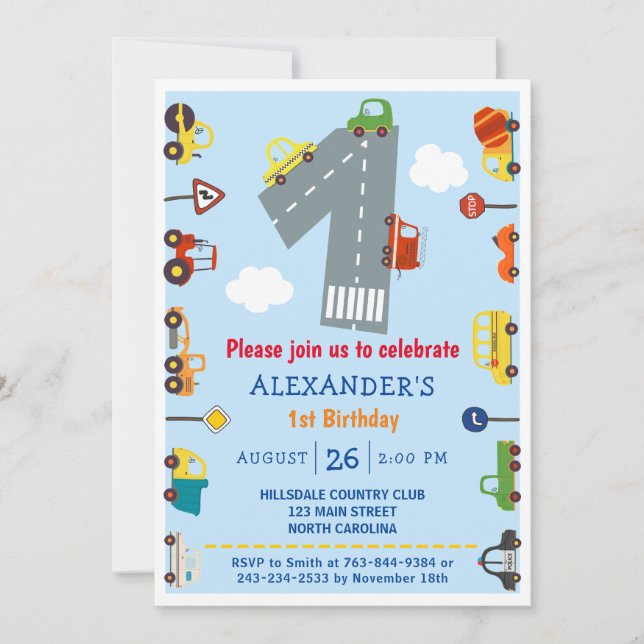 Transport 1er Anniversaire Fête Invitation (Devant)