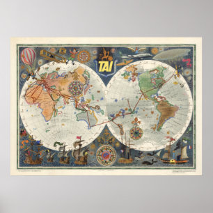 Transport Aeriens Internationaux Weltkarte Poster