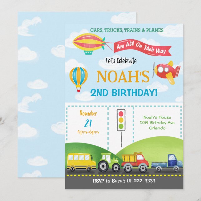 Transport Avion Bus Balloon Invitation Anniversair (Devant / Derrière)