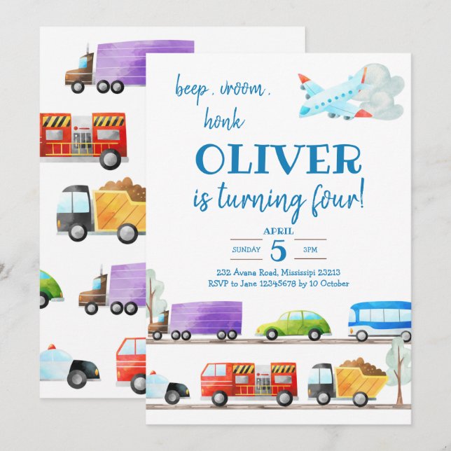 Transport Boy Invitation d'anniversaire (Devant / Derrière)
