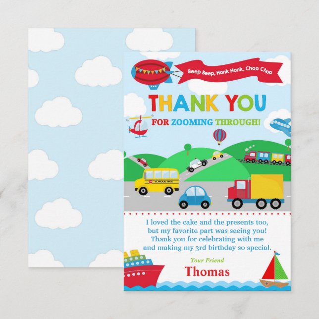 Transport Carte de remerciements fête d'anniversai (Devant / Derrière)