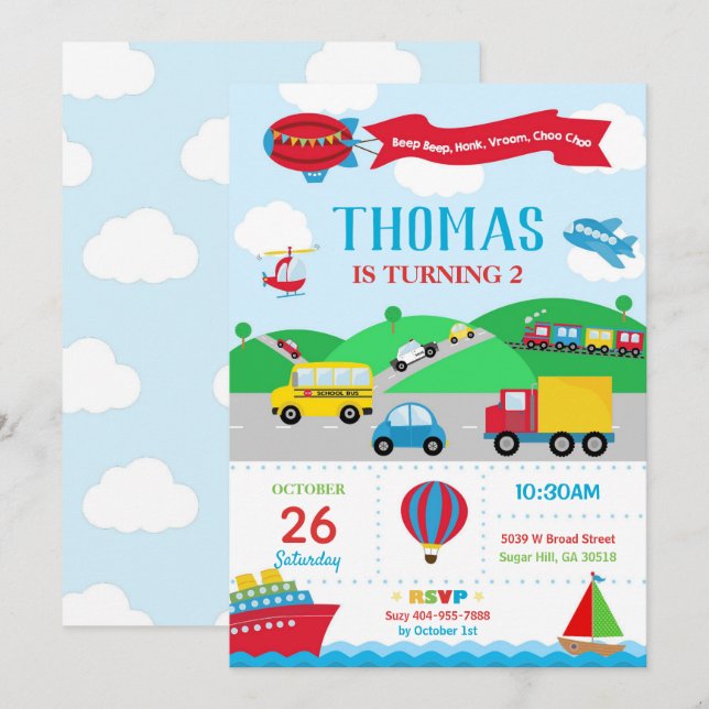 Transportation Birthday Einladung Boy (Vorne/Hinten)