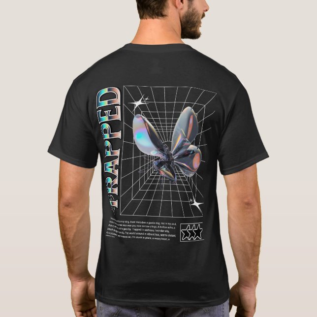 TRAPPED – Futuristic Butterfly Y2K Grid Art T-Shirt (Rückseite)