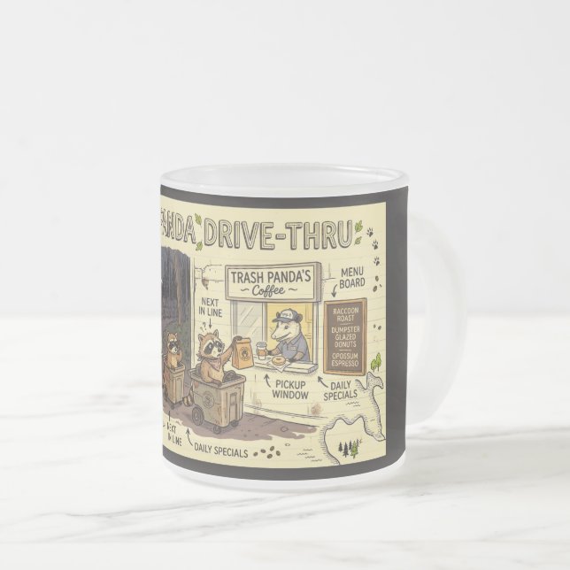 Trash Panda Coffee Drive-thru | Raccoon Co Mattglastasse (VorderseiteRechts)