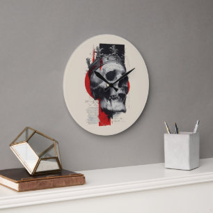 Trash Polka Krone Totenkopf Rot Schwarz Grunge Große Wanduhr