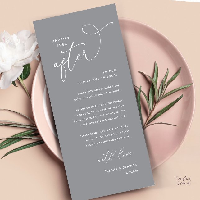Trau-Dankeschön-Karte für das Hochzeitsdinner Programm (Welcome and Thanks, Happily Ever After Modern Wedding Dinner Thank You Card in Classy Dark Grey)