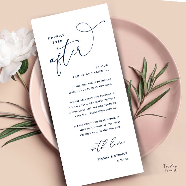 Trau-Dankeskarten für das Hochzeitsdinner Programm (Welcome and Thanks, Happily Ever After Modern Wedding Dinner Thank You Card in Classy Navy Blue)
