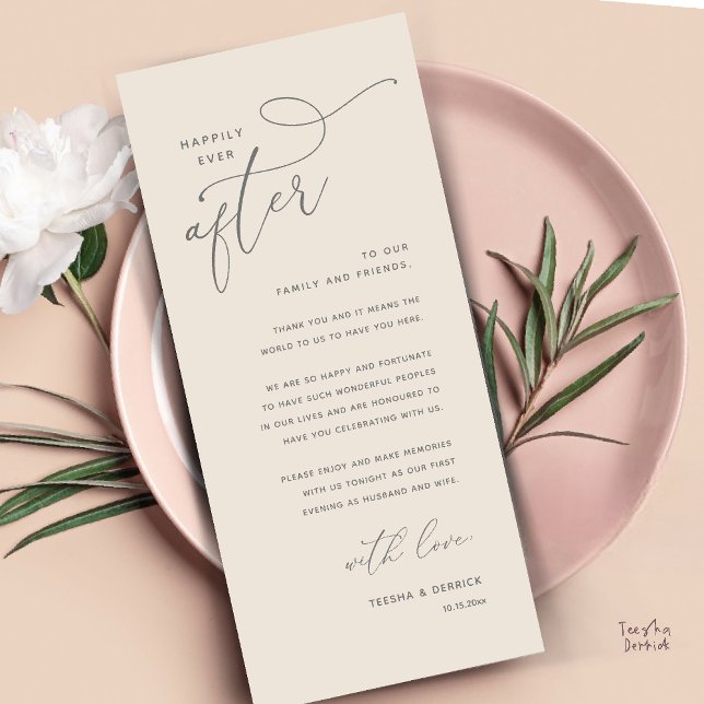 Trau-Dankeskarten für das Hochzeitsdinner Programm (Welcome and Thanks, Happily Ever After Modern Wedding Dinner Thank You Card in Classy Cream Grey)
