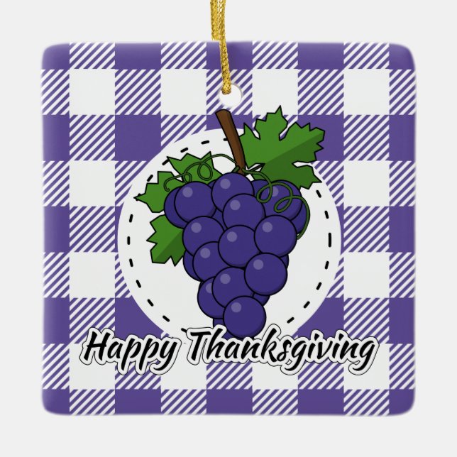 Trauben auf Kariertem Violett - Glückliches Ernted Keramikornament (Vorderseite)