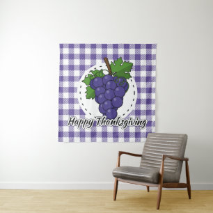 Trauben auf Kariertem Violett - Glückliches Ernted Wandteppich