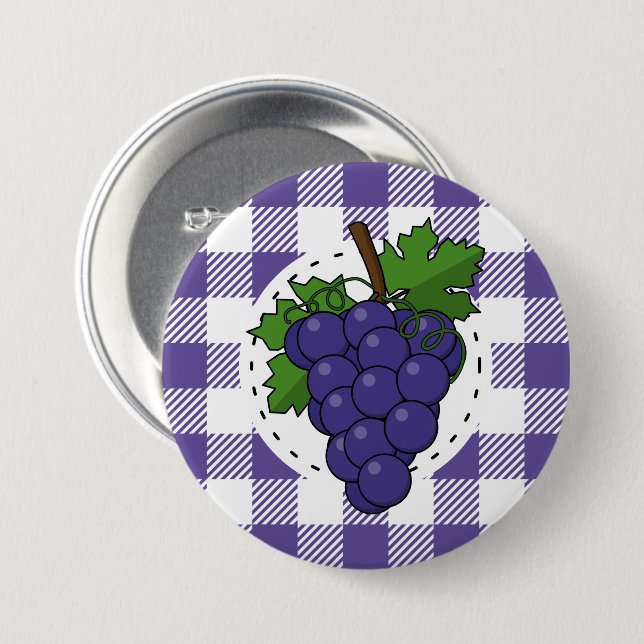 Trauben auf Weißviolett Kariert Button (Vorne & Hinten)