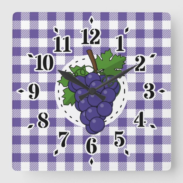 Trauben auf Weißviolett Kariert Quadratische Wanduhr (Vorderseite)