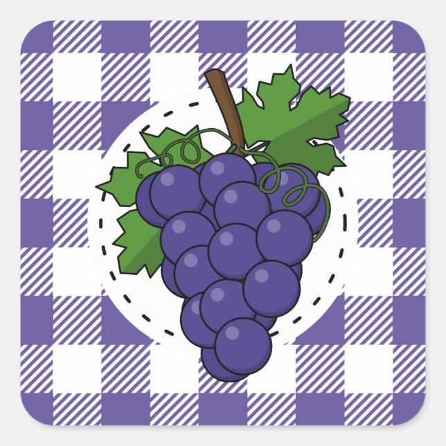 Trauben auf Weißviolett Kariert Quadratischer Aufkleber (Vorderseite)