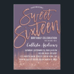 Trauben Lila Rose Gold Glitzer Typografie Sweet 16 Einladung<br><div class="desc">Dieses moderne und mädchenhafte Sweet 16 lädt das elegante und trendige Geburtstagsmädchen zum Entspannen ein. Es verfügt über ein hübsches und glamourös Imitat gedruckt Rose glänzende Glitzer-Sequenzer und Traubenkompott lila ombre Gefälle. Es zeigt auch Rose Gold funkelnd Glitzer, "16 . Geburtstag" Pinseltypografie. Das elegante und stilvolle Design-Thema wird die Gäste...</div>