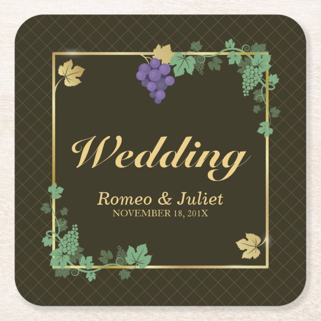 Trauben mit Goldrahmen-Hochzeitspapier-Untersetzer Rechteckiger Pappuntersetzer (Vorderseite)
