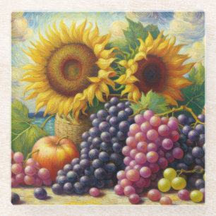 Trauben und Sonnenblumen Ölgemälde Glasuntersetzer