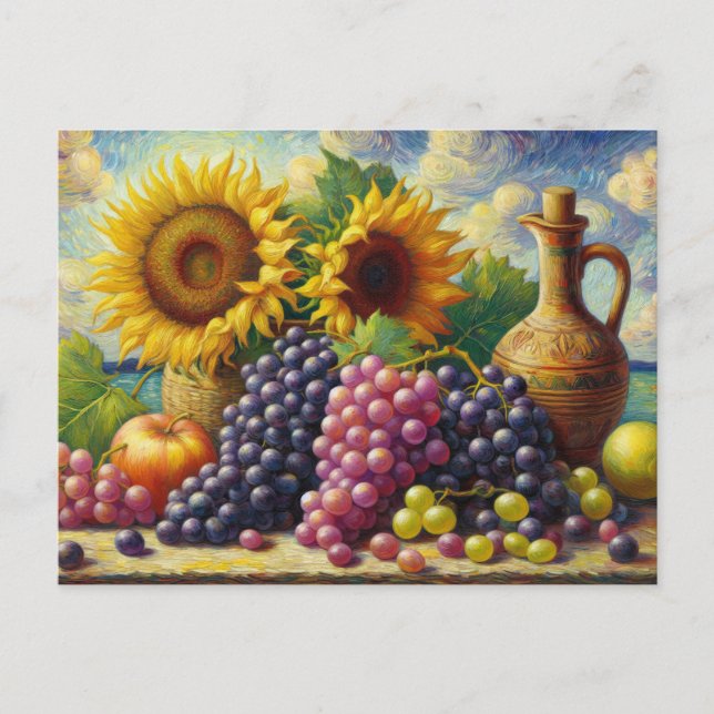 Trauben und Sonnenblumen Ölgemälde Postkarte (Vorderseite)