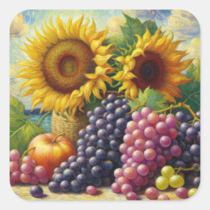 Trauben und Sonnenblumen Ölgemälde Quadratischer Aufkleber