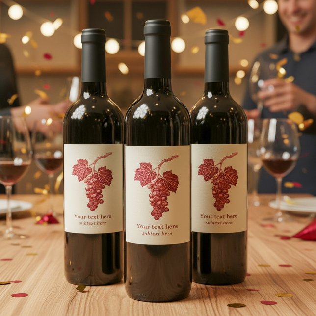 Trauben- und Weinblatt, Bordeaux Weinetikett (Bunch of grapes and vine leaf, burgundy wine label.)