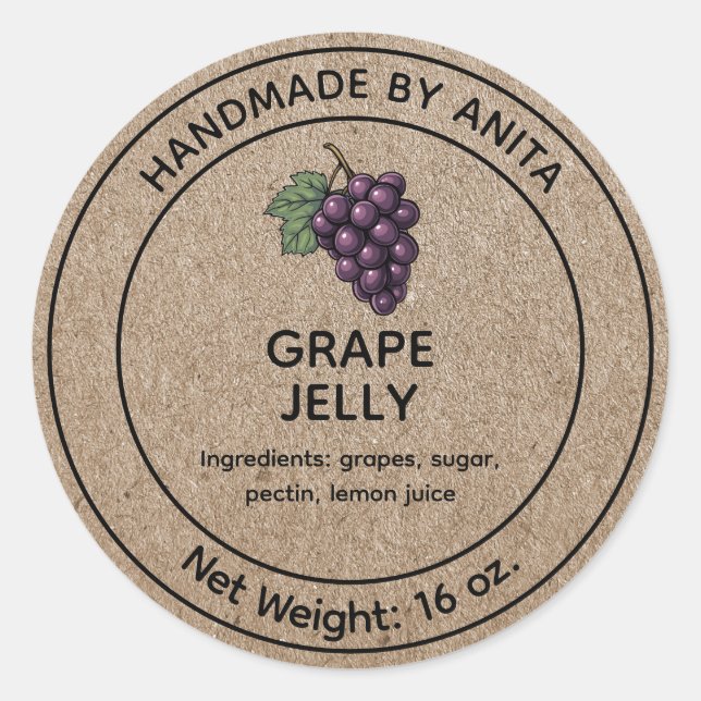 Traubenjelly Jar Label Kraft Paper Style Runder Aufkleber (Vorderseite)