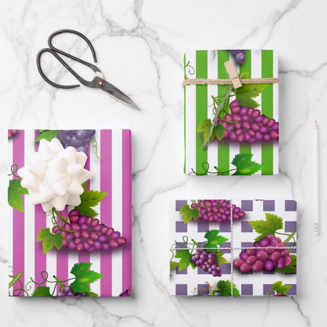 Traubenmuster Streifen Sommer Obstwein Weinkeller Geschenkpapier Set (Vorderseite)